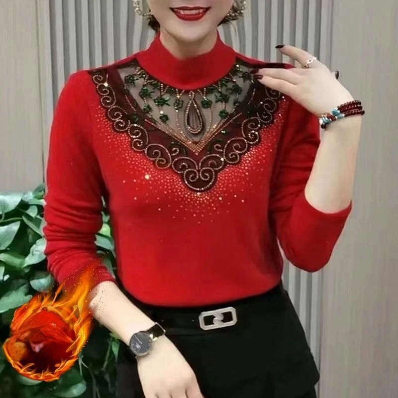 Ladies Print Half Turtleneck Sweater Bottoming Shirt Female Fall Inner Long-sleeved All-match Slim Knit Top Shirts G602