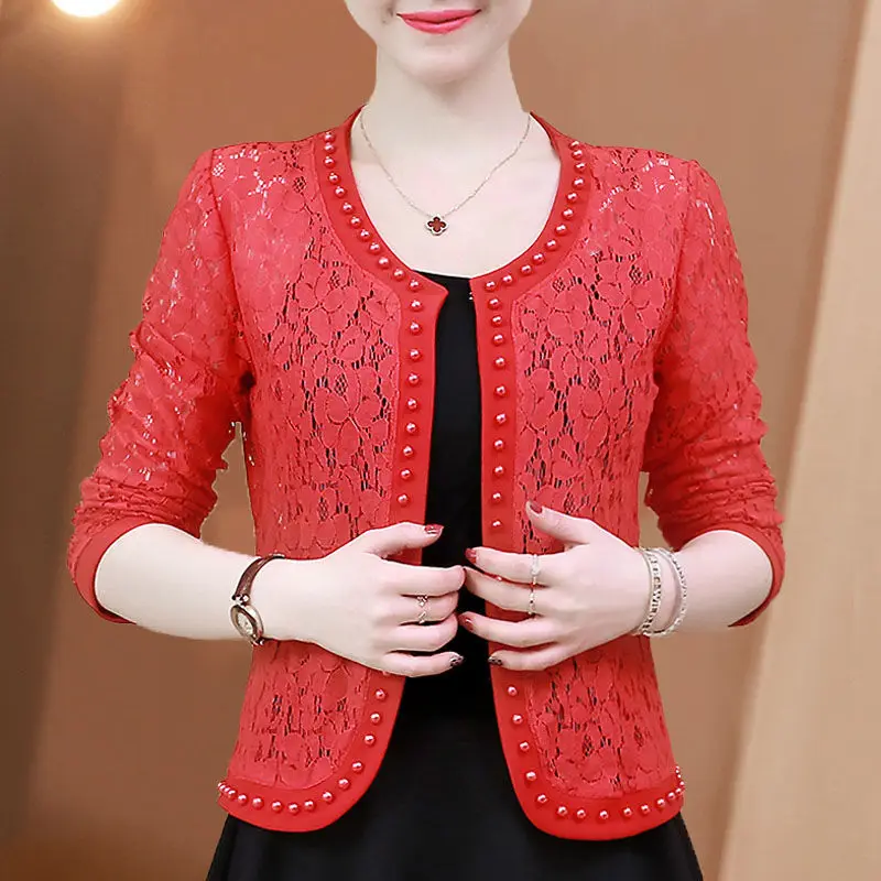 Elegant O-Neck Hollow Out Beading Cardigan Lace Shirt Women\'s Clothing 2023 Autumn New Oversized Casual Tops Office Lady Blouse