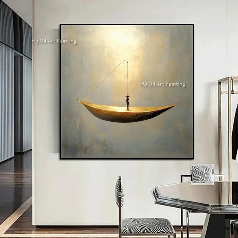 Simple Grey Yellow Oil Painting Handmade Abstract People And Boats New Popular Wall Art Decor For Room Large Canvas Artwork