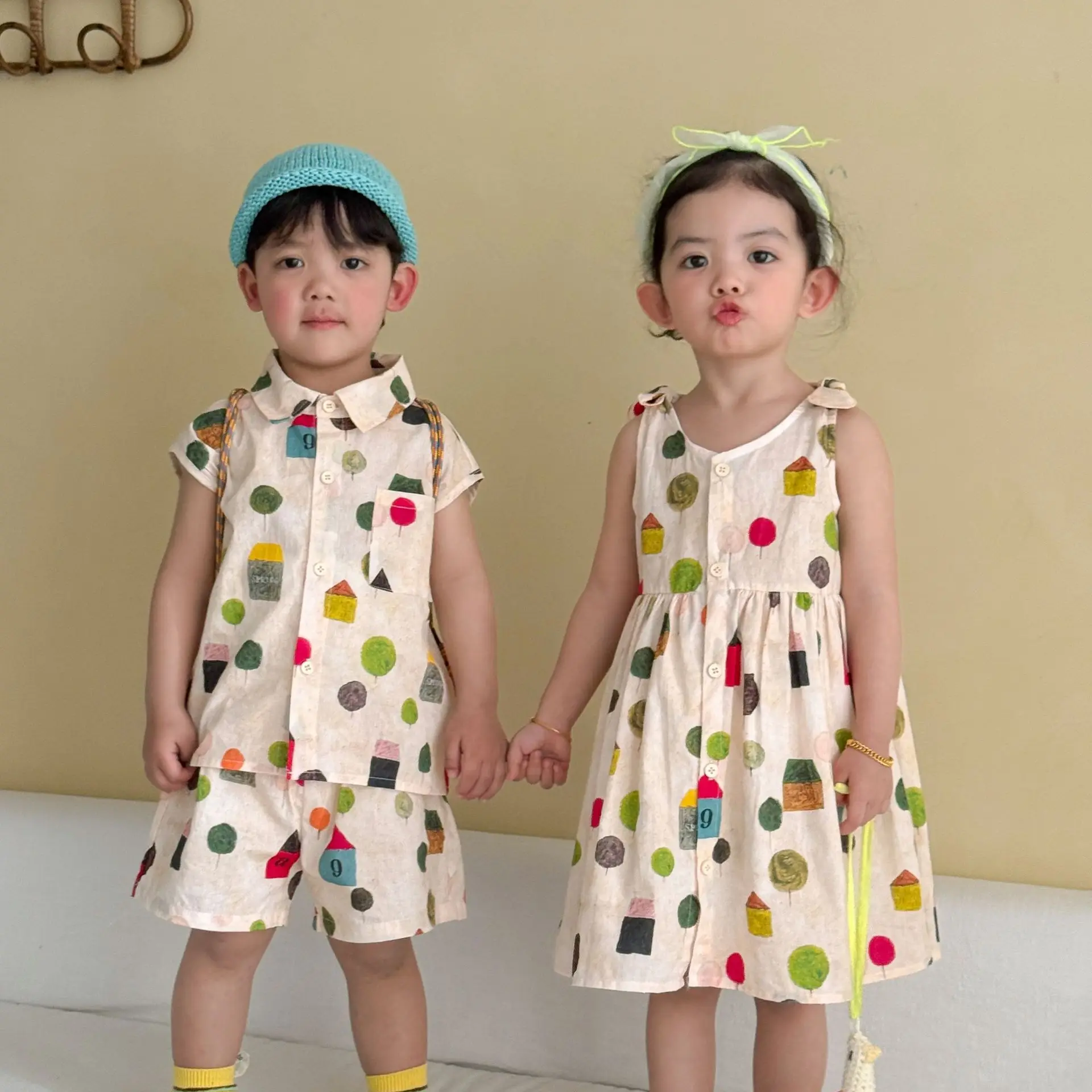 

2026 Summer New Boys Girls Brother Sister Outfits Children Lapel Shirts + Shorts Two-piece Set Girls Dress Toddler Clothes Set