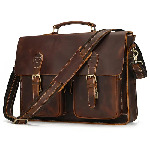 Imagen 2 del producto Bolso de mano de cuero Retro para hombre, bolso Horizontal de cuero Crazy Horse para ordenador, bandolera de hombro informal de cuero de capa superior para hombre