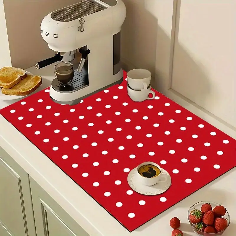 VIKAMA Red and White Polka Dot Drain Mat, Classic Retro Polka Dot Print Absorbent and Non-Slip Coffee Maker Mat, Home Decor