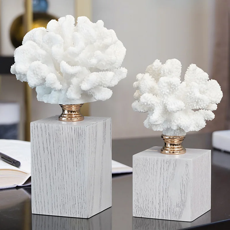 

European-style White Artificial Coral Ornaments Resin Marble Living Room Office Bookcase Crafts Solid Wood Base Home Decoration