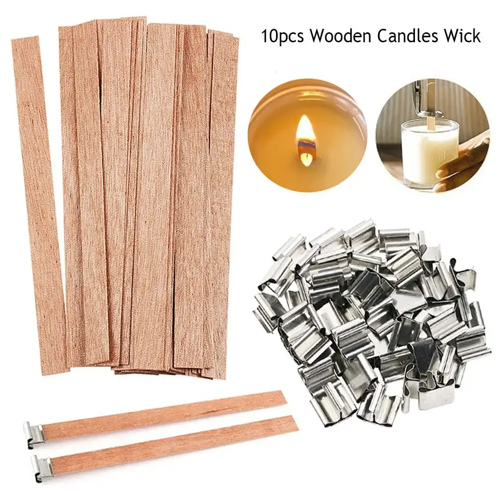 10pcs Candle Core with Clip Base Handmade Smokeless Candle Wick Cores Wooden Candles Wick for DIY Paraffin Candle Jar Making Kit