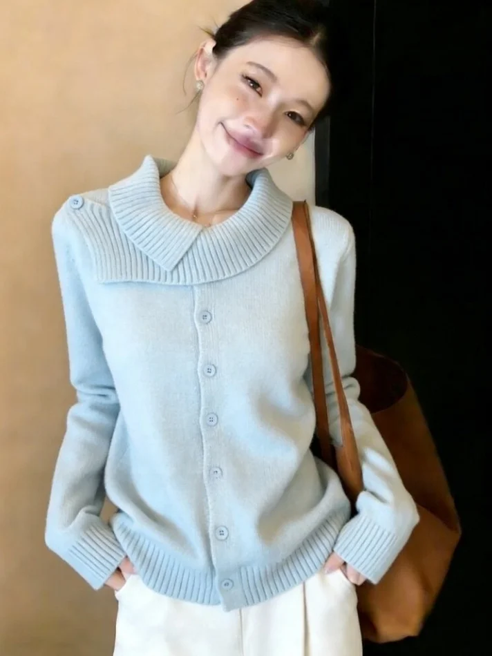 

Spring Autumn Gentle Wind Irregular Large Collar Single Button Knitted Open Cardigan Women Long Sve Versatile Sweater Jaet