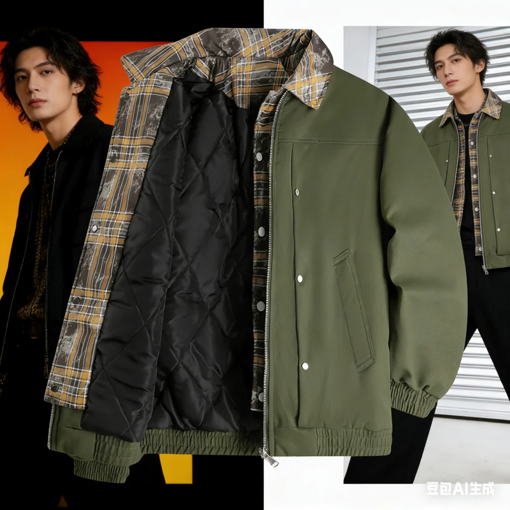 Two large-sized winter down and cotton jackets for men, baseball shirts, youth American-style collar plus thick cotton jackets