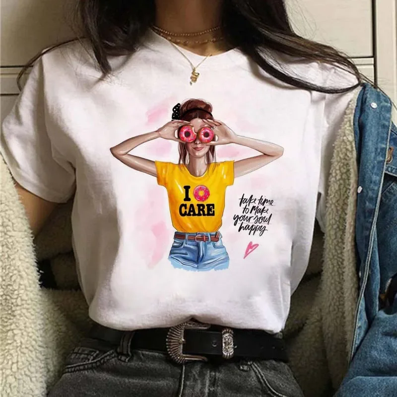 Plus Size Maycaur casualowa damska koszulka nowa śmieszna czarna bluzka kobieca koszulka Harajuku 90s modna z okrągłym dekoltem krótki rękaw odzież