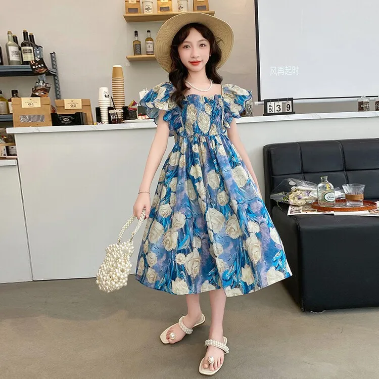 summer teen girls floral dress junior childrens princess dresses Lotus leaf sleeve cinched waist beach long skirt 4 6 8 10 12 14