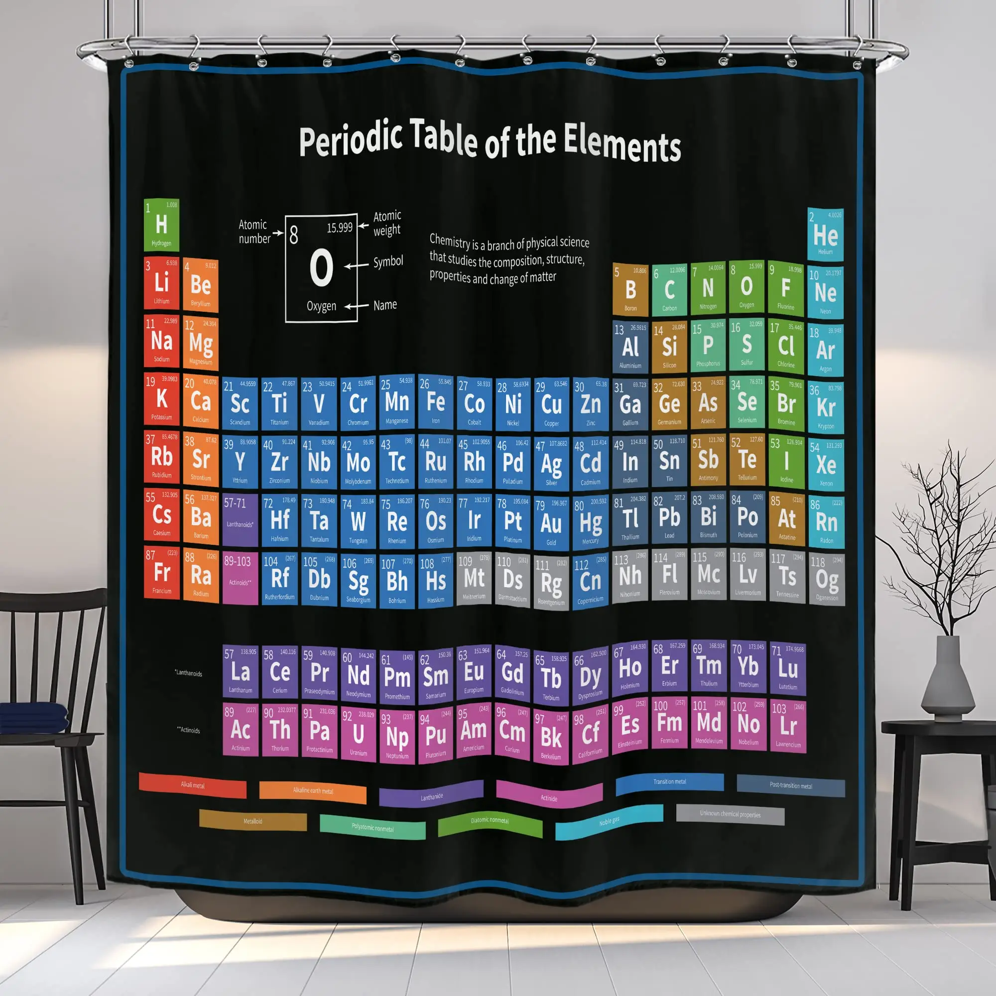 Periodic Table of Elements Shower Curtain Colorful Science Technology Kid Chemical School Student Waterproof Fabric Bath Decor