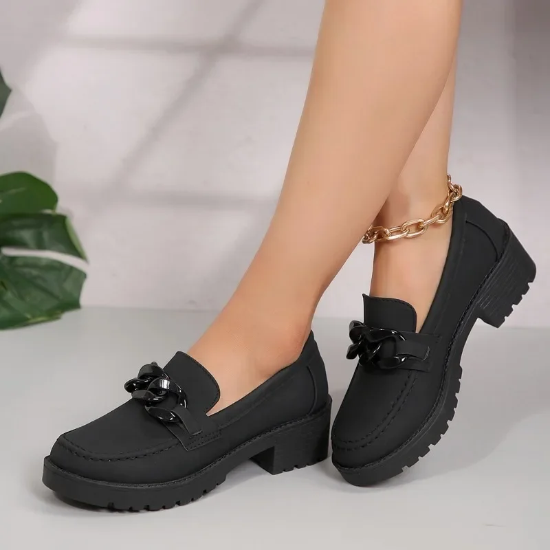 Zapatos de tacón cuadrado con punta redonda para mujer, calzado informal de tacón medio sin cordones, Color liso, primavera y otoño, novedad de 2024