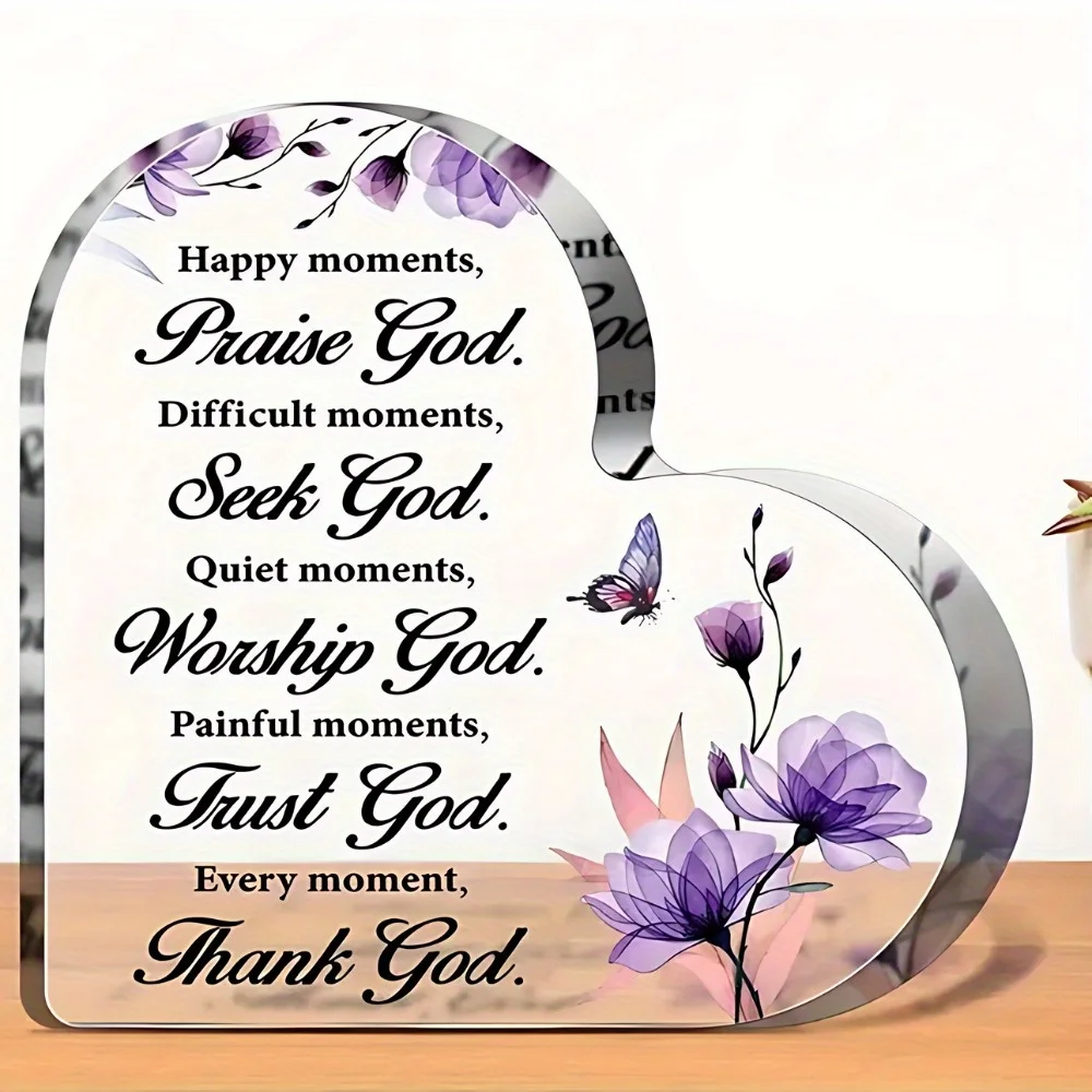 Acrylic Heart Shaped Christian Bible Verse Decorative Item, Inspirational Religious Gift for Women, Office Desk Room Decoration