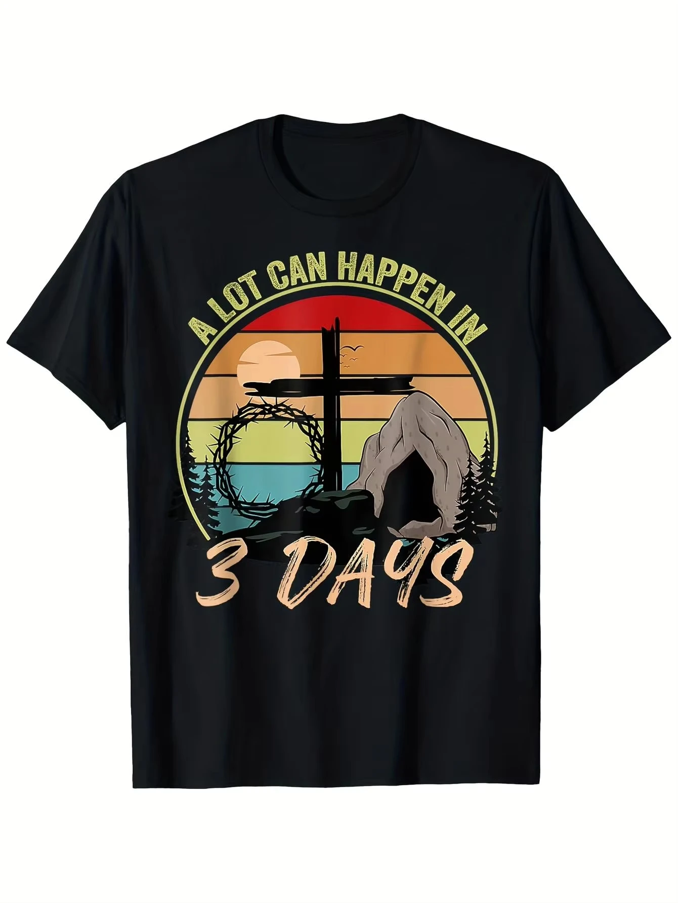 

Мужская христианская футболка к Пасхе в ретро-стиле с дизайном «Многого можно сделать за 3 дня», изображением воскрешения Иисуса, креста и пустого гроба.