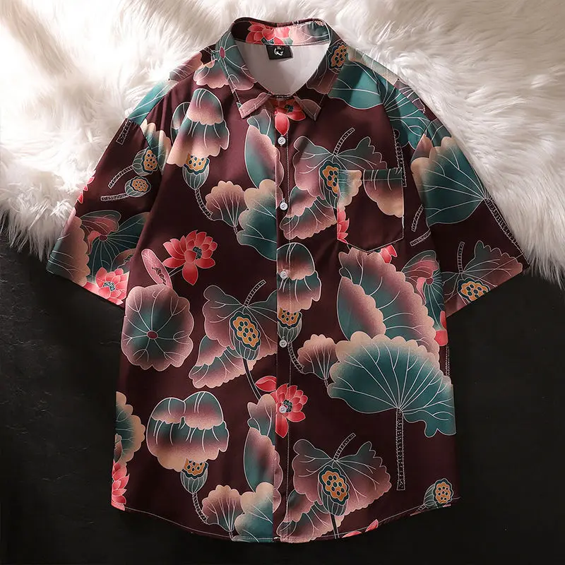 Retro vintage lotus leaf all-over printed short-sleeved shirt for women summer fashion brand loose casual Cuban collar drape