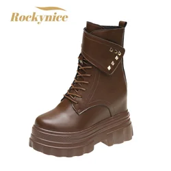 Women's PU Leather Ankle Boots Autumn Winter 10.5CM Heels Sneakers Round Toe Short Boots Woman Rivets Motorcycle Platform Botas