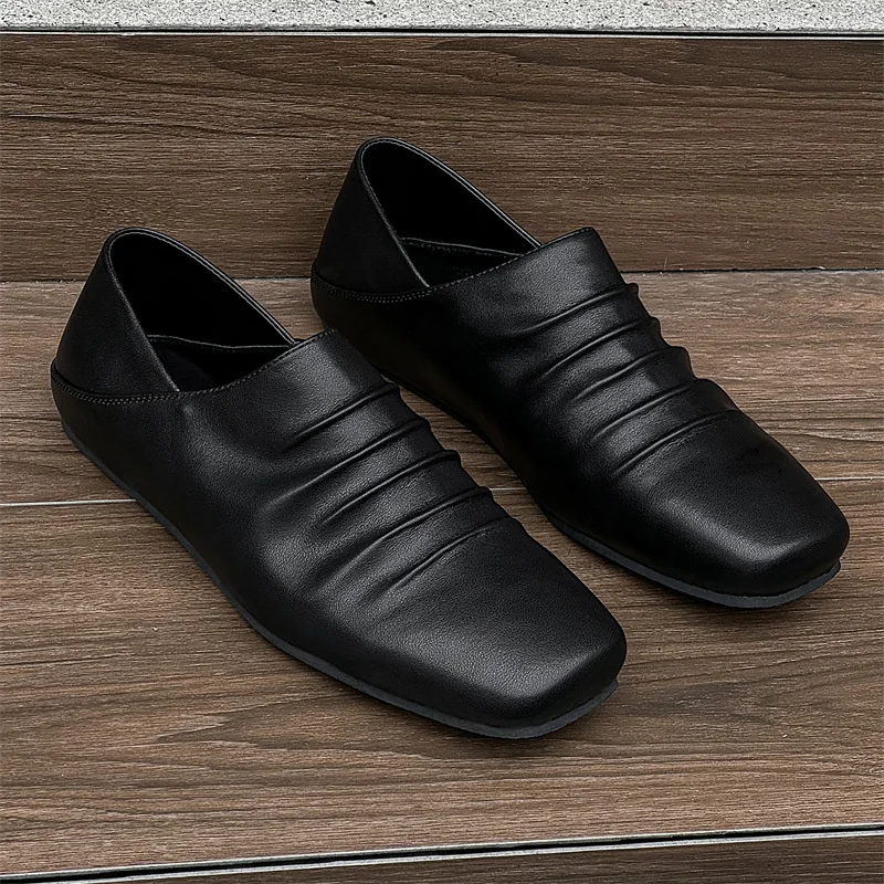Men's and Women's Versatile Couple Casual Pleated Loafers Flat Leather Lightweight Square Head One Pedal Trendy Shoes Size 36-46