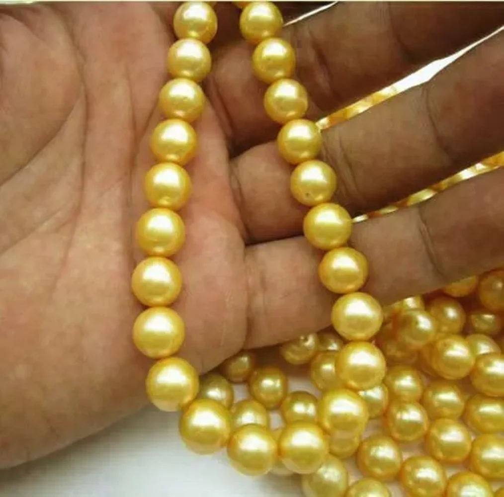 Perfect Yellow Natural AAA 9-10mm South   Sea Pearl Necklace with 14K Gold Buckle 18/36inch