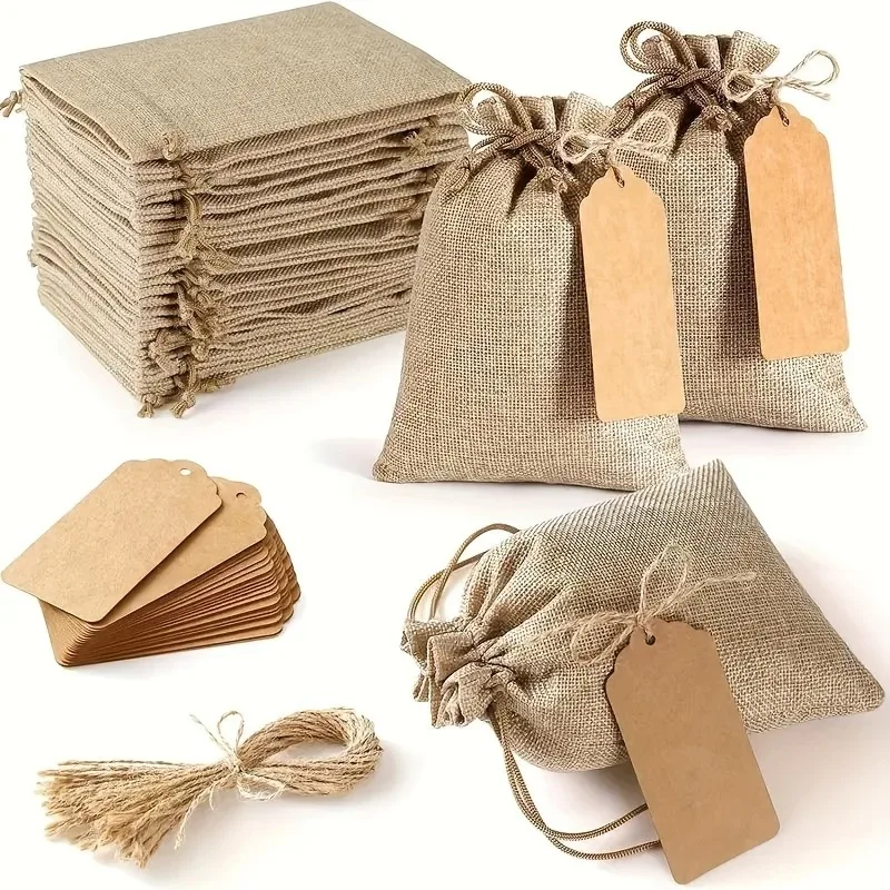 21/51pcs Linen Bundle Pocket,Reusable Wedding Party Gift Bag,Festival Jewelry Bag,DIY Linen Bag Set,with Drawstring and Label.