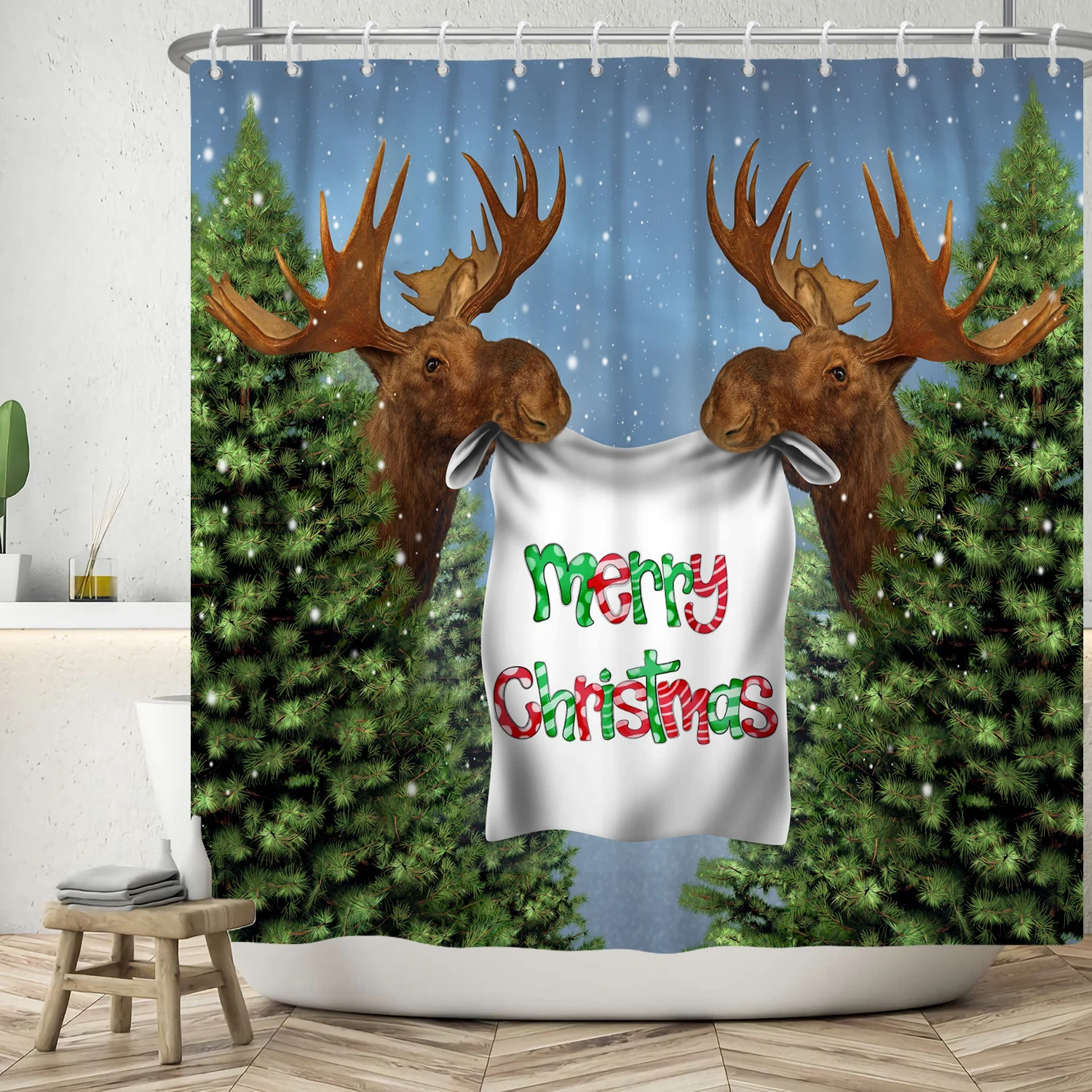 

Christmas Home Decorated Christmas Tree Elk Reindeer Shower Curtain Waterproof Fabric Bathtub Curtain 2023 New Year Customized