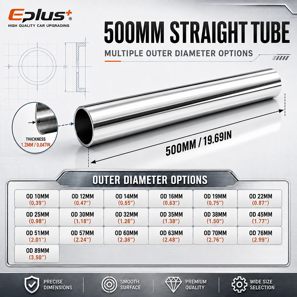 500mm Length 304 Stainless Steel Straight Pipe 1.2mm Thick Universal Round Tube OD 19-89mm for Connections Metal Tube Adapter