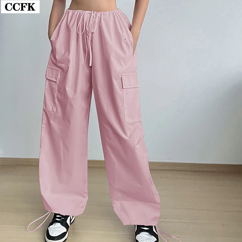 

Cargo Pants Women Y2k Clothing Oversized Drawstring Parachute Sweatpants Egirl Baggy Joggers Pockets Low Waist Pink Trousers New