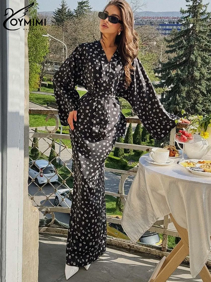 

Oymimi Fashion Black Print Women 2 Piece Set Outfit Elegant V-Neck Long Sleeve Lace-Up Shirts And High Waist Straight Skirts Set