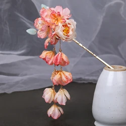 Big Flower Hair Sticks Forks Gold Color Metal Wooden Hairpins Clips Women Hair Bun Maker Jewelry Chinsese Step Shake Headpieces