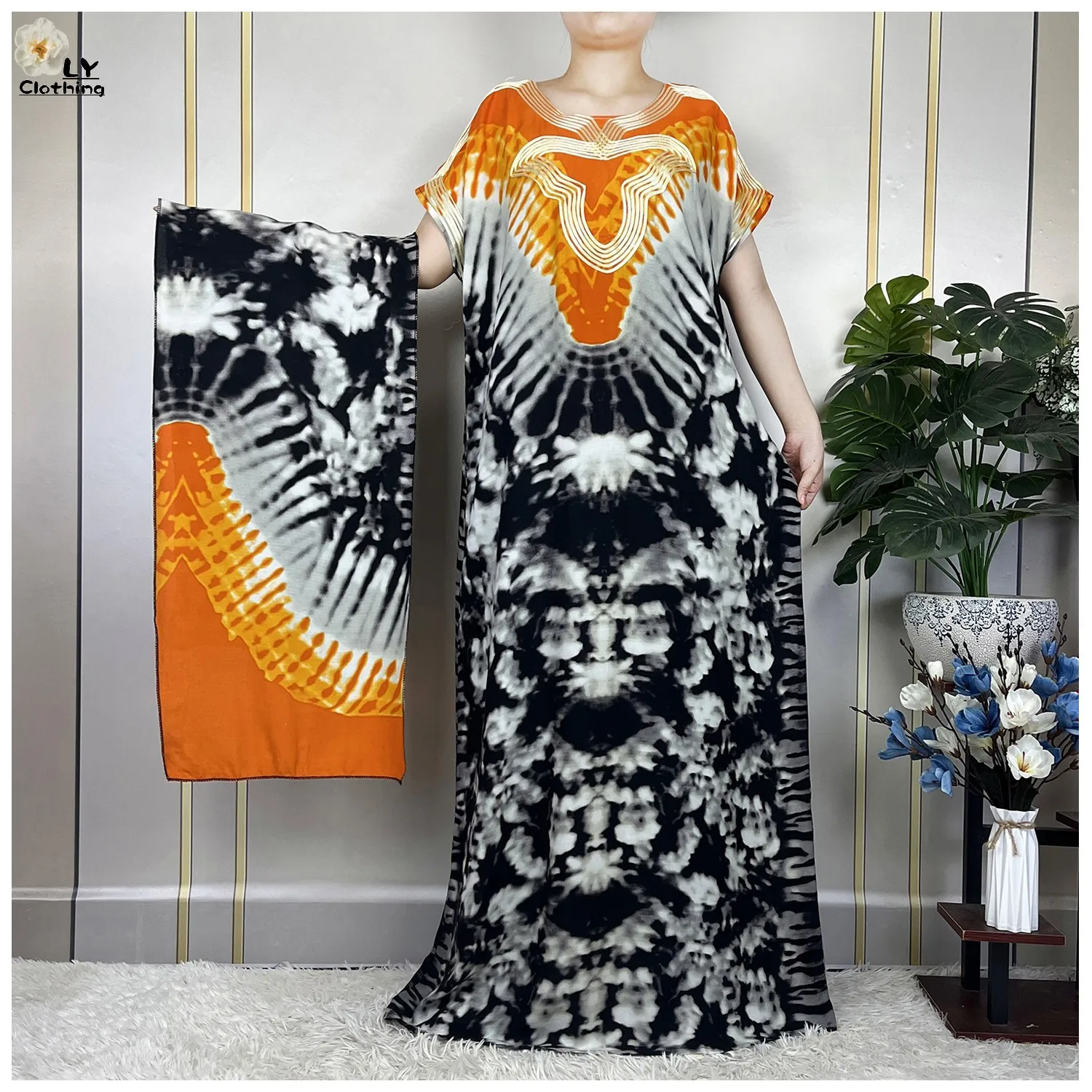 2023 New Muslim Summer Femme Short Sleeve Dress Loose Cotton Printing Floral Boubou Maxi Islam Women Robe African Abaya Clothes