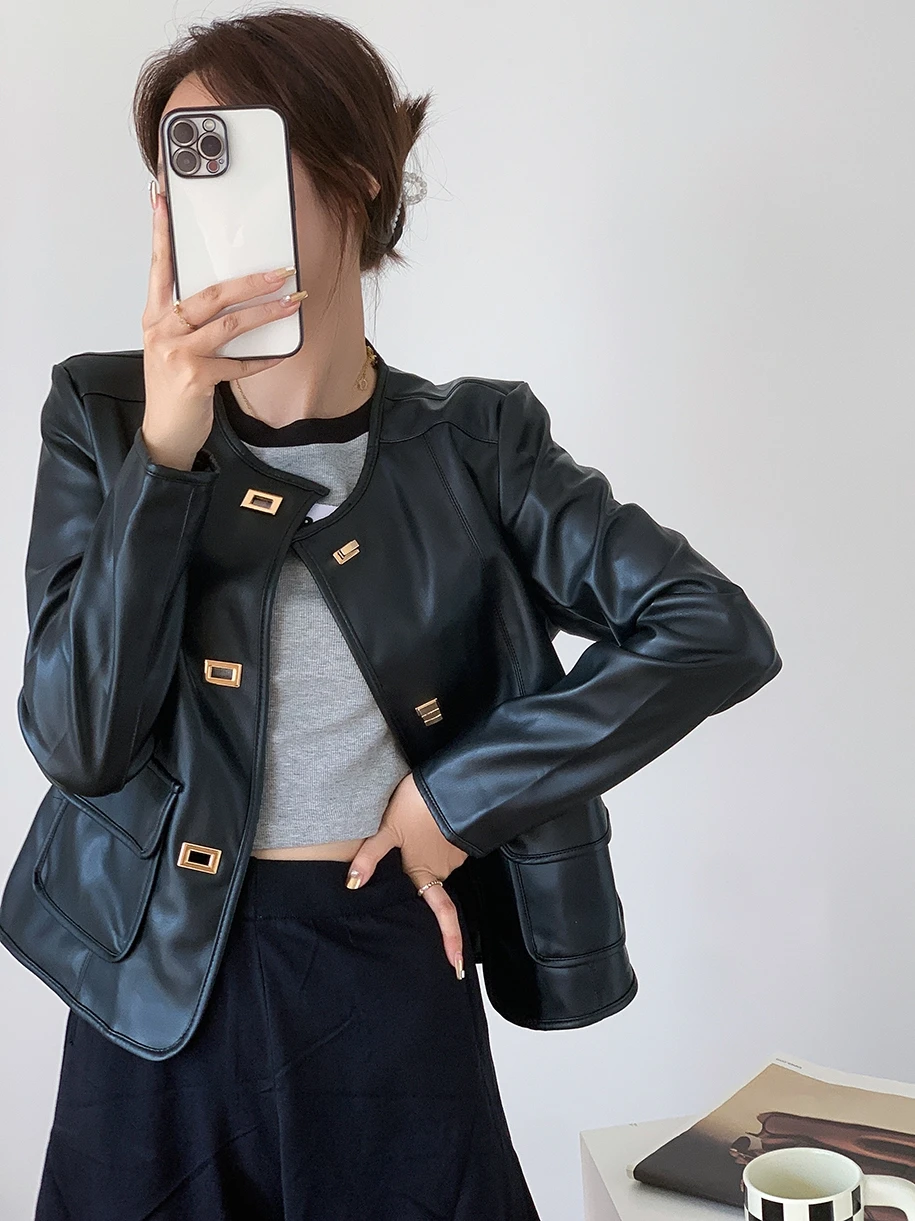 Leather Women's Coat 2023 New Popular Protein Skin Short Style Small Leather Jacket Ladies Locomotive PU Jackets