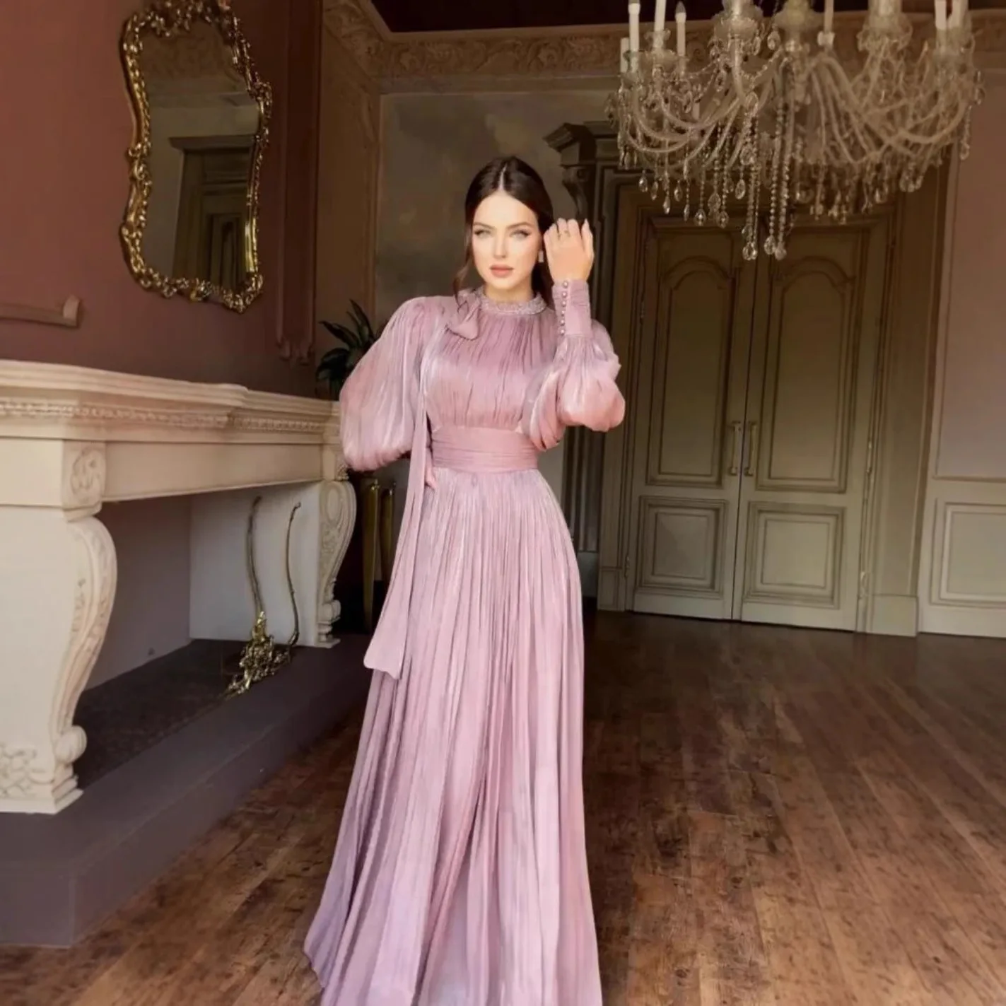 New Autumn and Winter Styles for Women. A Long Evening Dress with Hot-fixed Rhinestones, A Cinched Waist and Tie Straps.