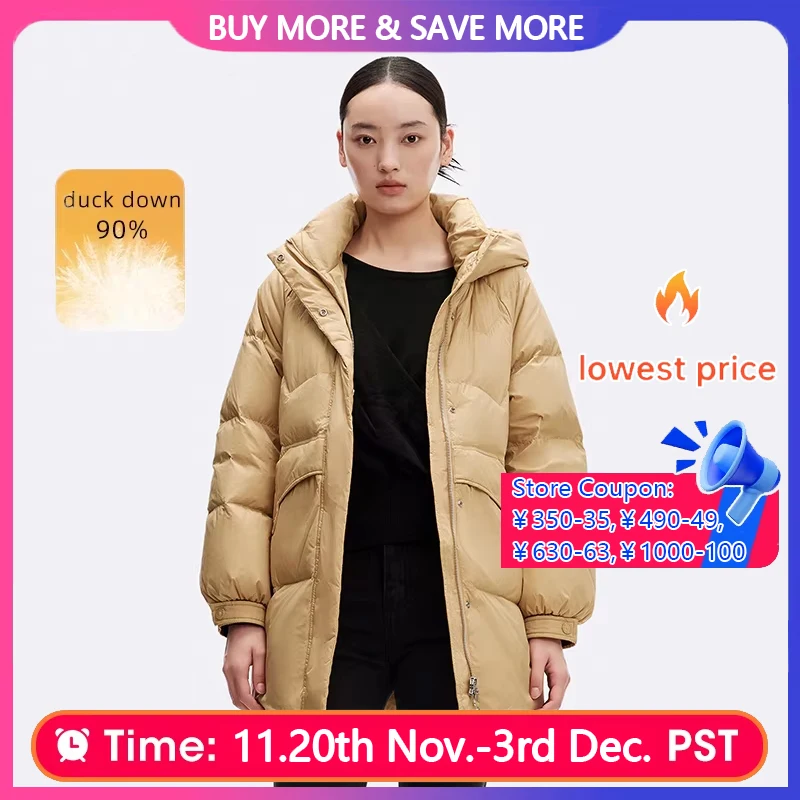 

Chericom Women Mid-length Down Jacket New Casual Hooded Multiple Pockets Maillard Duck Down Thickened Warm Puffer Coats Y299180Y