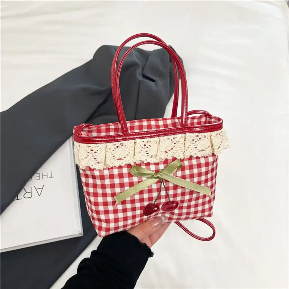 

Portable Polka Dot Lattice Cherry Handbag Lovely Bowknot Lace Plaid Handbag Commuting Leisure Sweet Crossbody Bag Students