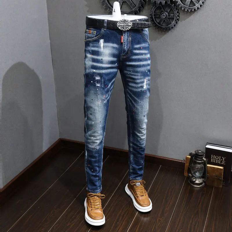 Fashion Vintage Men Jeans Retro Blue Elastic Slim Painted Ripped Jeans Men Embroidery Designer Hip Hop Denim Pencil Pants Hombre