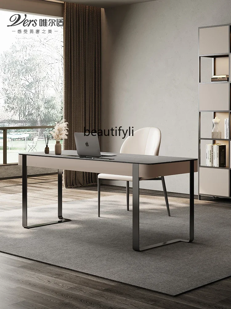 

Italian minimalist high-end desk study writing desk light luxury solid wood rock board desk chair