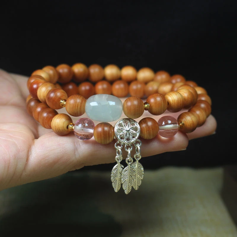 

Banyan wood high-oil 8mm double-layer bracelet with silver feather design, unisex Buddhist prayer beads and jewelry