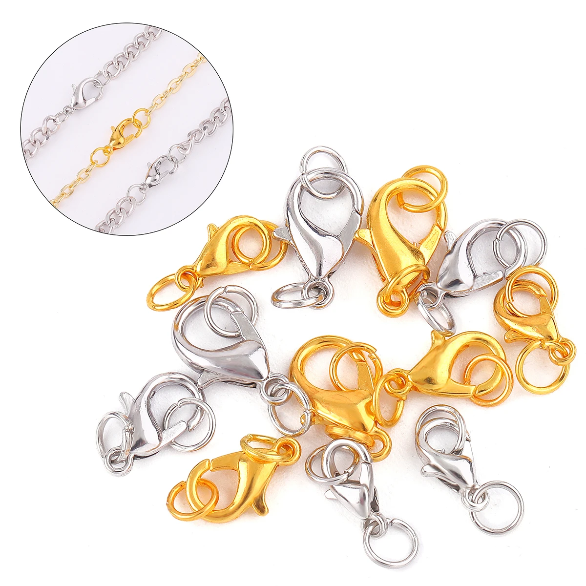 1Set/Bag 10pcs 10-14mm Alloy Lobster Buckles&20pcs 0.7x5mm Open Jump Rings for Bracelet Necklace DIY Jewelry Making Findings