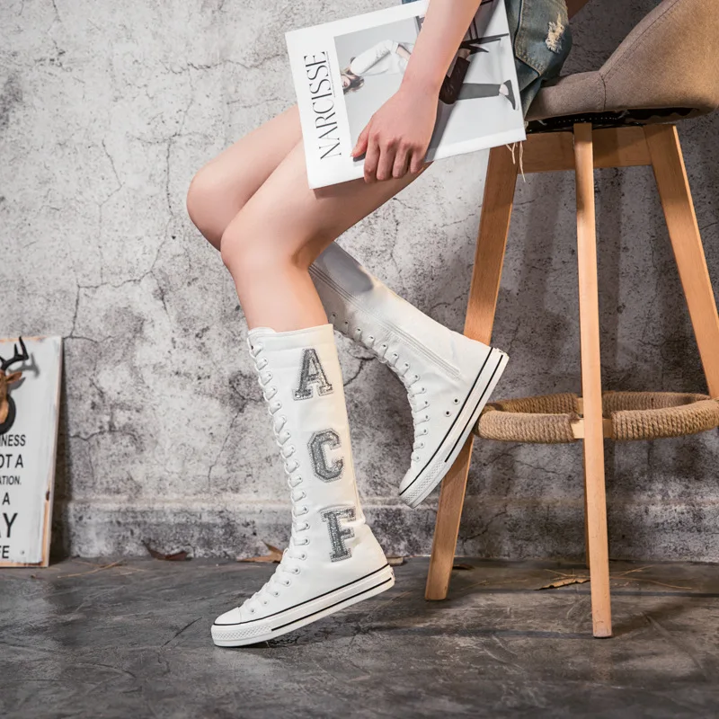 Trend Womens Shoes Exquisite Bling Canvas Knee High Boots for Woman New Korean Version Casual Shoes Designer Shoes Zapatos Mujer