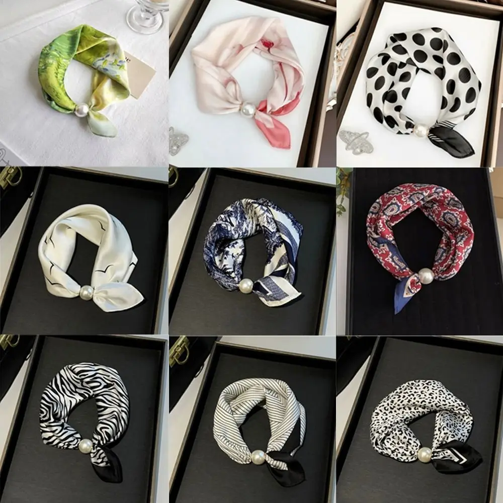 

Fashion Pearl Buckle Silk Scarf Printed Soft Neck Scarf Thin Lightweight Neckerchief Women