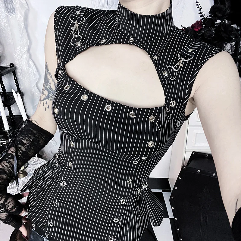 ONE TO WAN Gothic Black Cut Out High Neck Top Subculture Stripe Sleeveless Top Hollow Vest Breasted Waist Sexy Dark Wind T-Shirt
