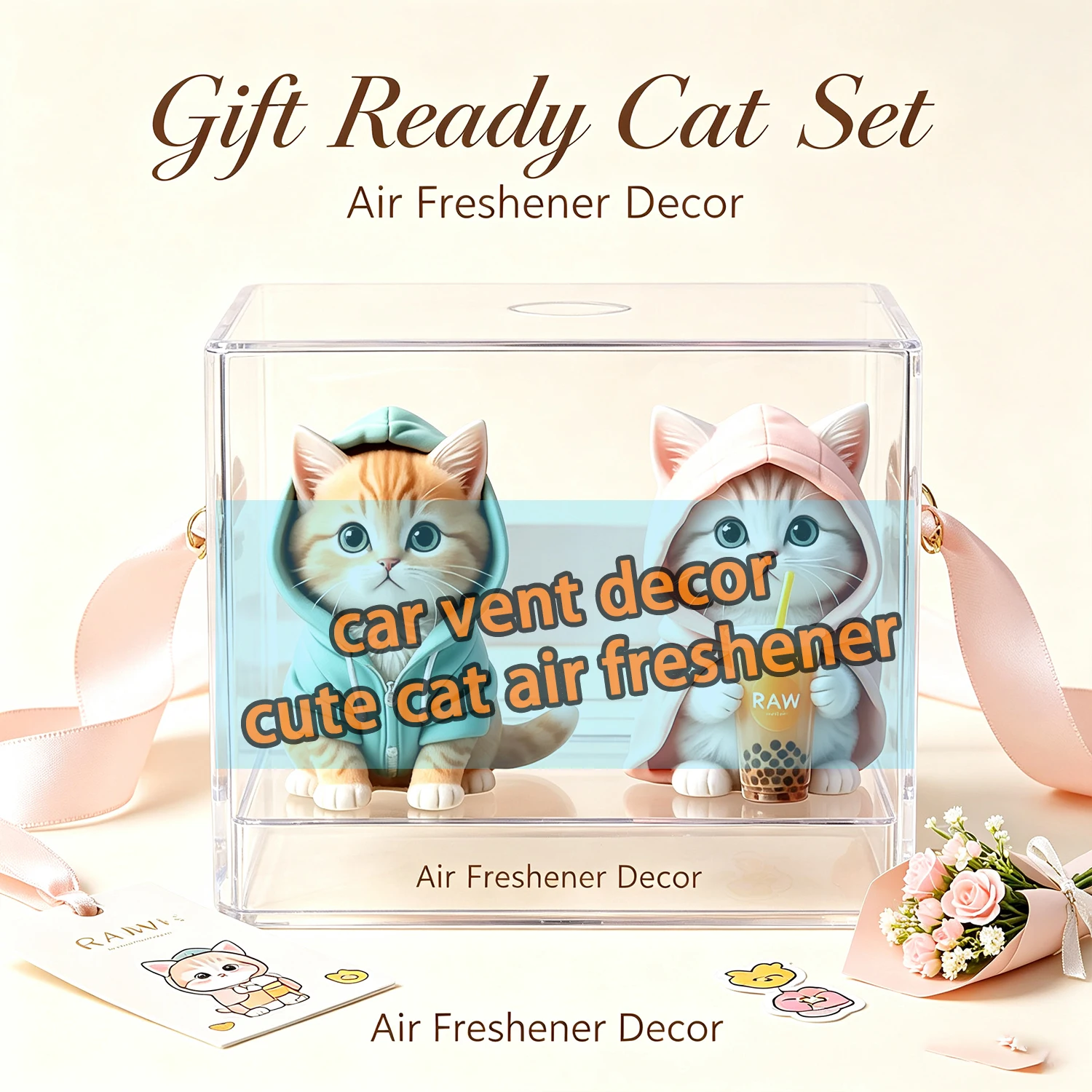 Cute Hooded Cat Car Air Vent Freshener Bubble Tea Kitten Auto Air Outlet Cartoon Cat Ornament Interior Accessory for Vehicles