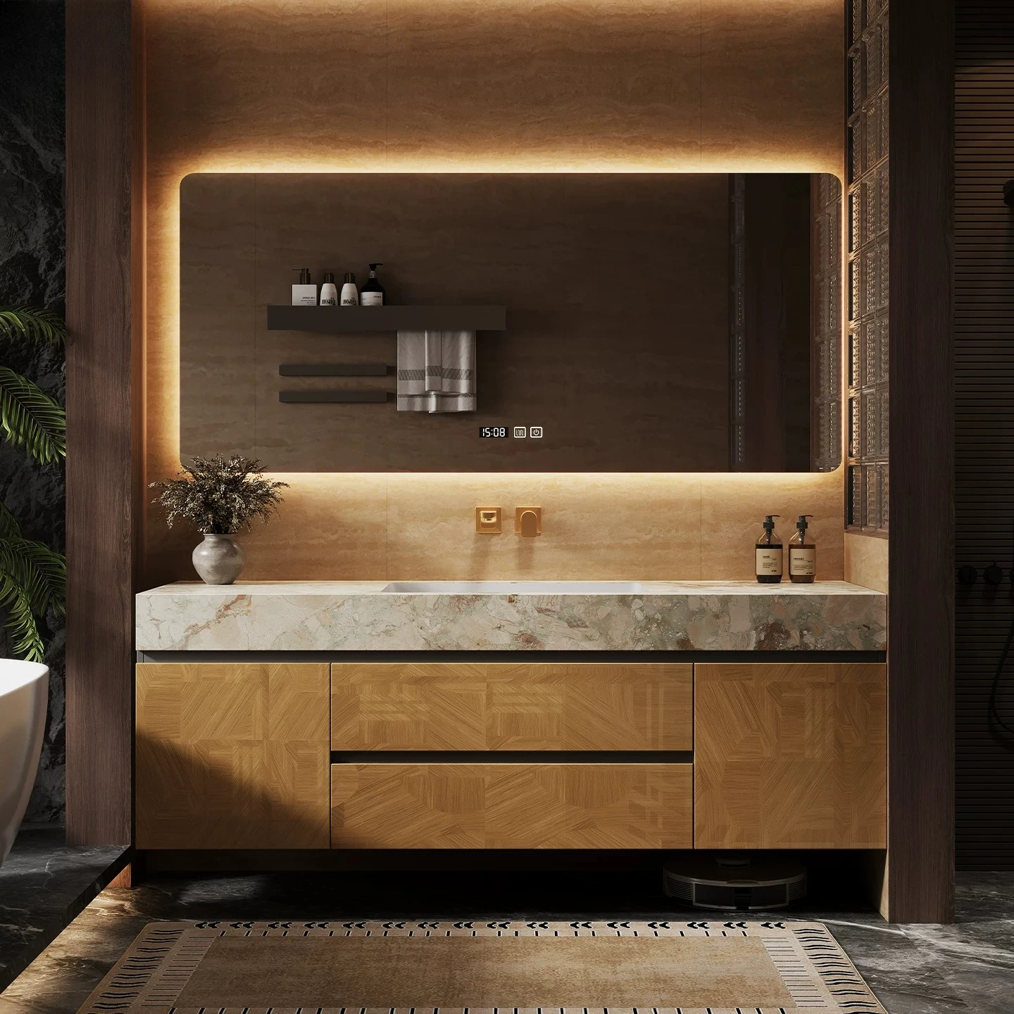 Italian Light Luxury Rock Slab Seamless Hot Bending Integrated Basin Bathroom Cabinet Toilet Washstand Basin Cabinet Combination