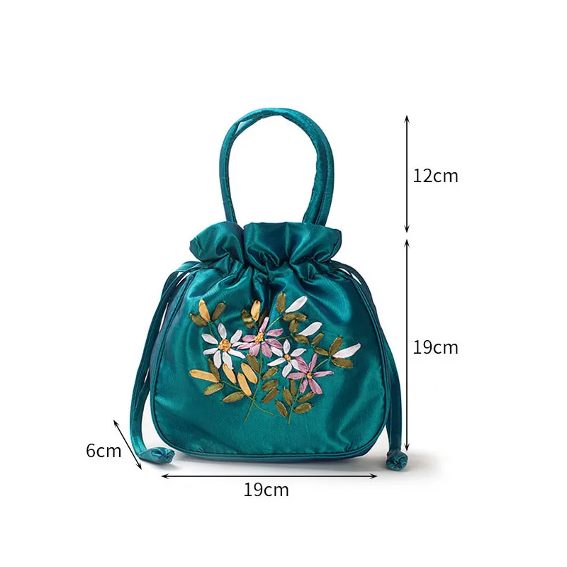 Small Women Bucket Bag Top Handle Ladies Handbag Phone Bag Summer Purse National Style Embroidered Flower Pattern Drawstring Bag