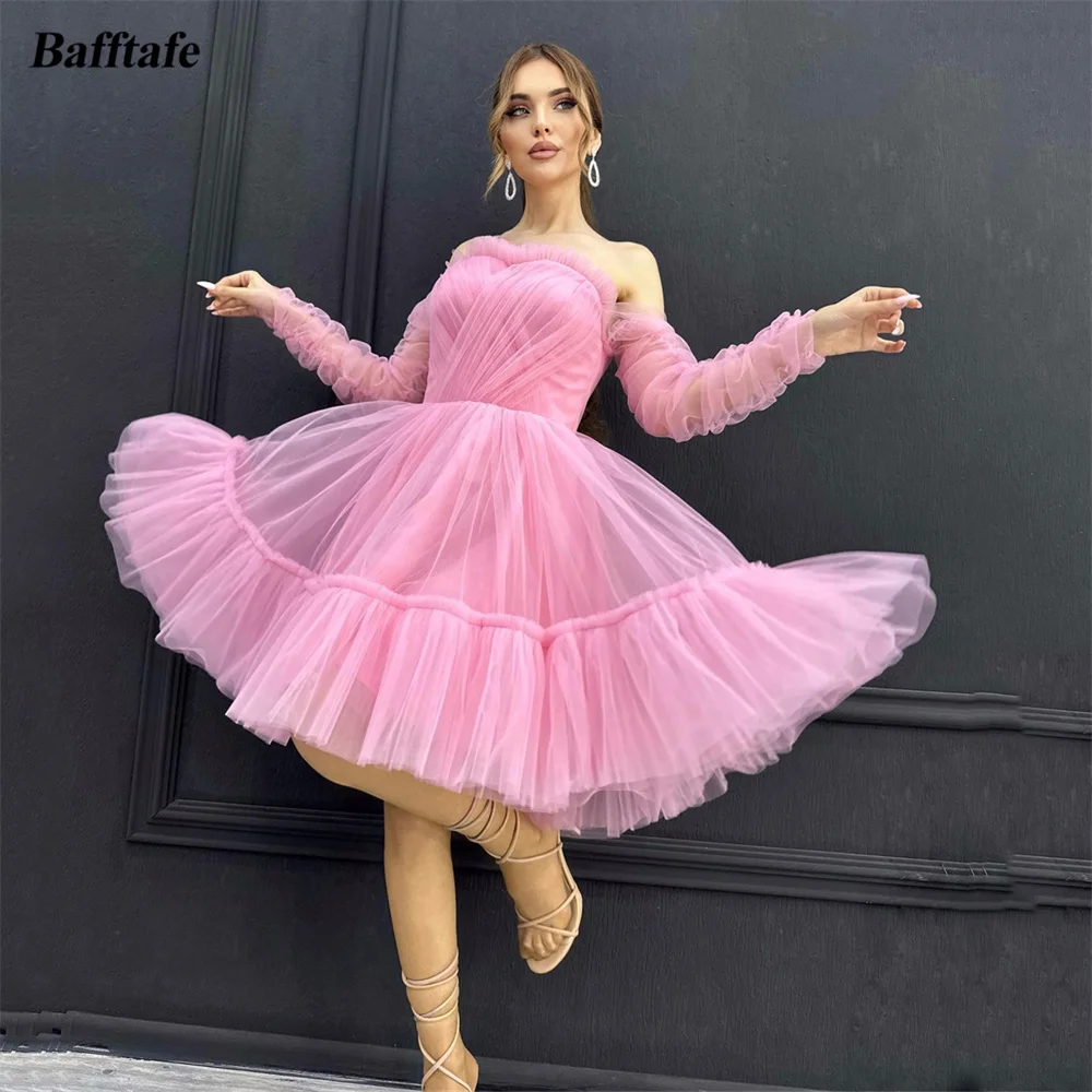 

Bafftafe Pink Tulle Above Knee Mini Prom Dresses Long Sleeves Homecoming Graduation Dress Pleated Formal Party Cocktail Gowns