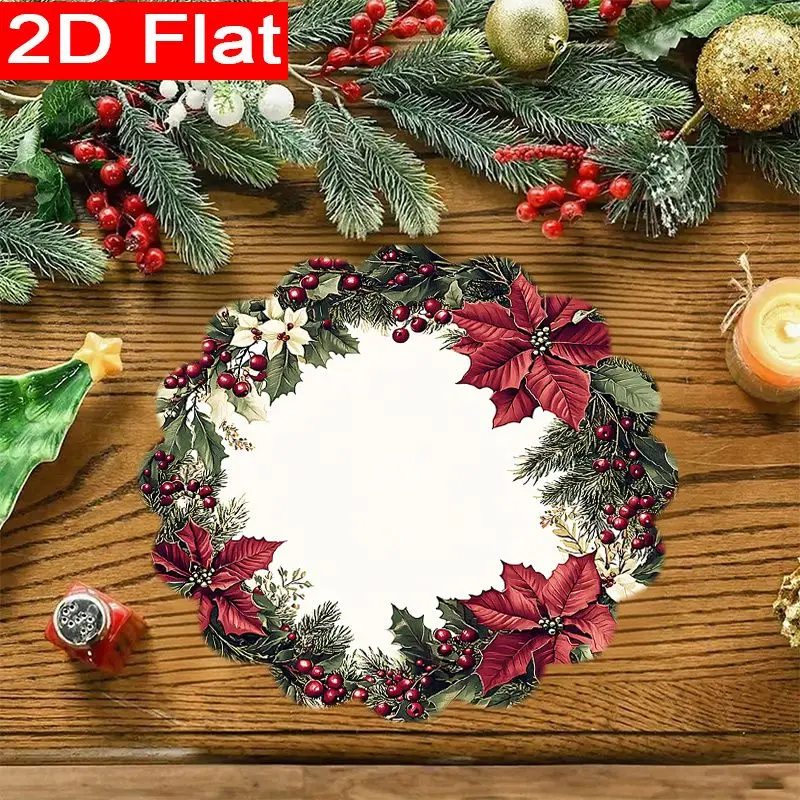 VIKAMA Xmas Poinsettia Evergreen Wreath Placemat Ivory Canvas Petal Edge Red Blossom Holly Leaf Berry Festive Table Mat Fresh