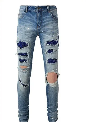 Jeans Men Diamonds Pencil Pants Distressed Skinny Mid Waist Hole Denim Trousers Autumn Streetwear Vintage Ankle Length Denims