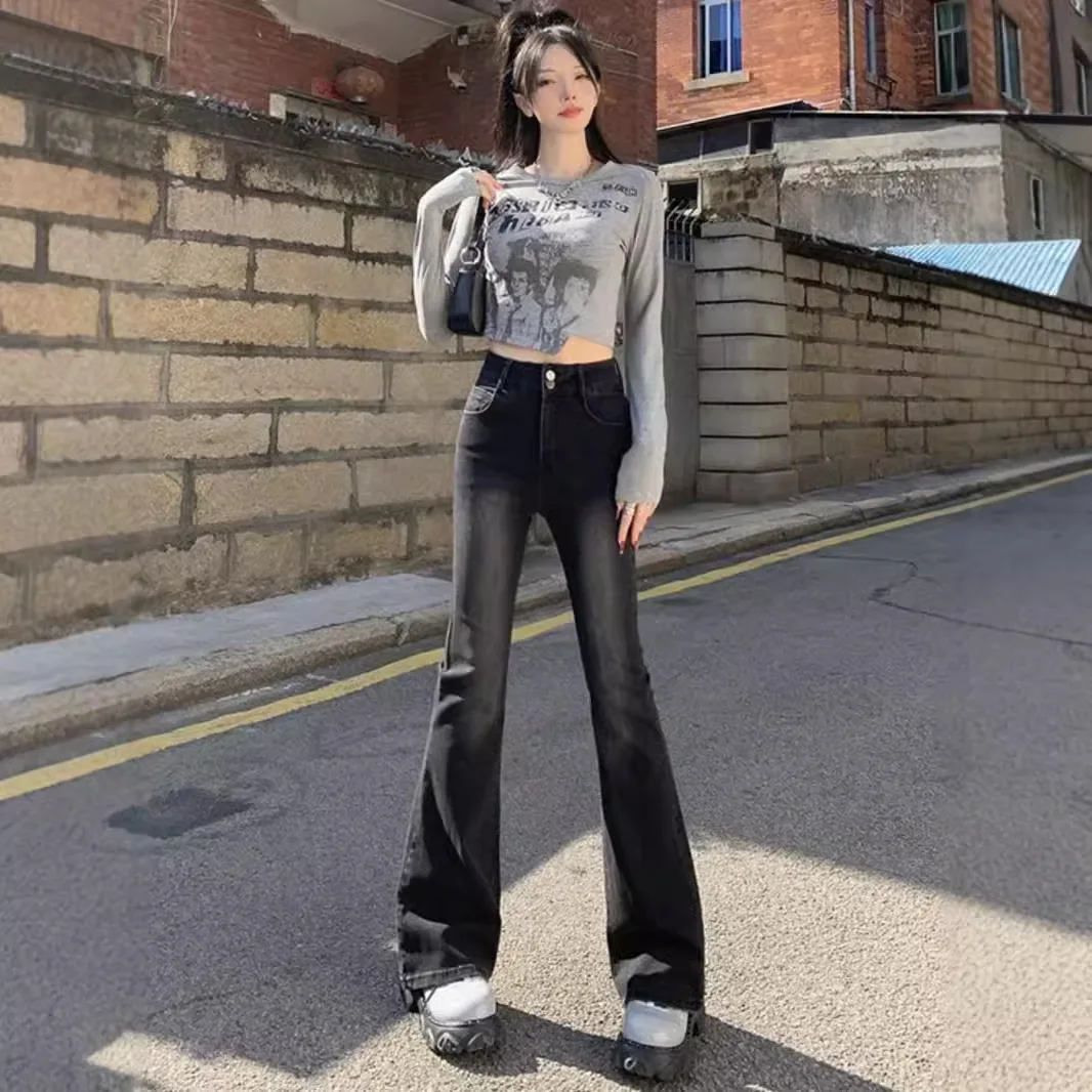 2025 Chic Charcoal Gray Flared Jeans Women High Waist Slim Fit Bootcut Pants Black Gray Washed Vintage Floor-Length  Draping