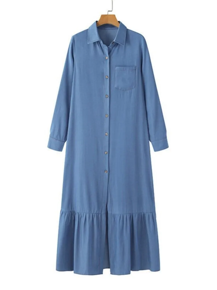 

Woman's Elegant Solid-color Dress Fashion Lapel Single-breasted Buttons Long Dresses Spring Autumn Ladies Loose Street Vestidos