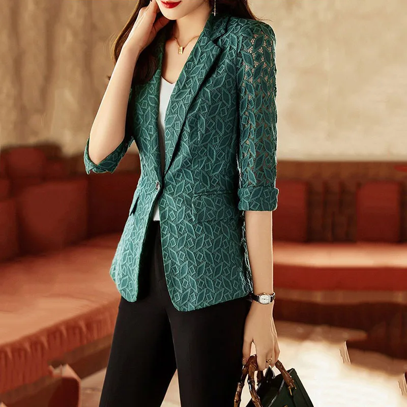 

Women's Blazer Jacket Korean 2023 Spring Summer New Slim Lace hollow printing Suit Jacket Ladies Elegant Thin Blazers Women Coat