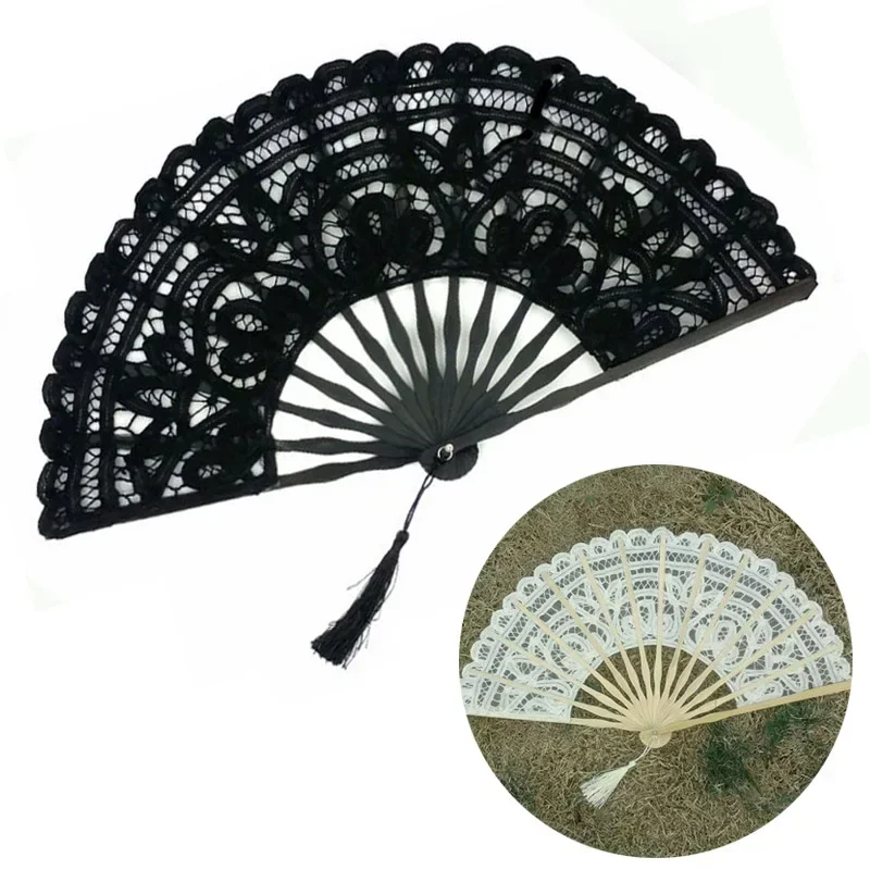 1Pcs  Chinese Dance Hand Fan Party Wedding Prom Bamboo Hand Folding Lace Fabric Retro Craft Gift Fan Home Decoration