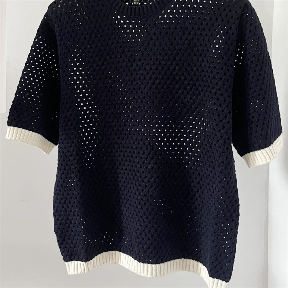 

Summer New Women's Knitwear T-Shirt Short Sleeve Hollow out Round Neck Layered Splicing Pullover Tee Top