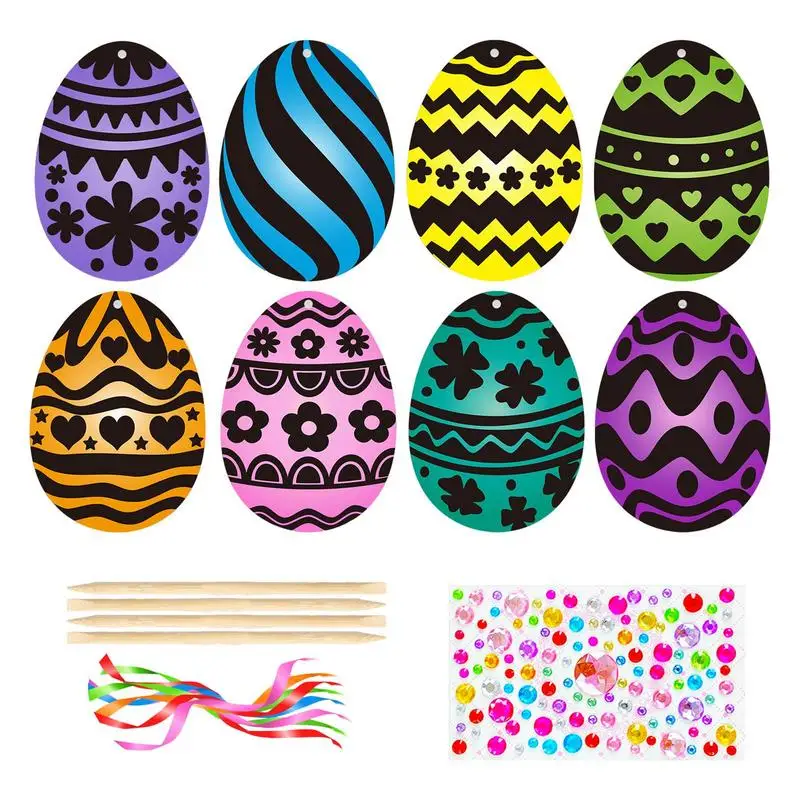 Easter Scratch Paper 8pcs Scratch Easter Egg DIY Easter Craft Kits With Easter Egg Scratch Paintings Bamboo Pens Mixed Color